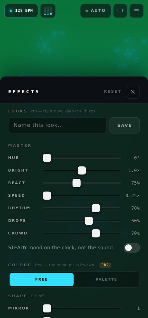 The effects panel: sliders for hue, brightness, react, speed, rhythm, drops and crowd