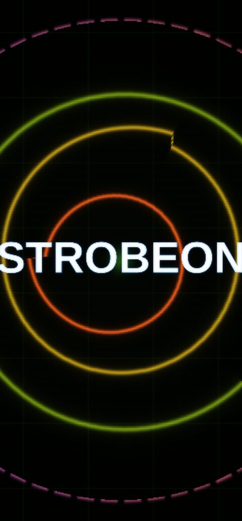 The text layer: the word STROBEON in white inside neon rings, pulsing with the beat