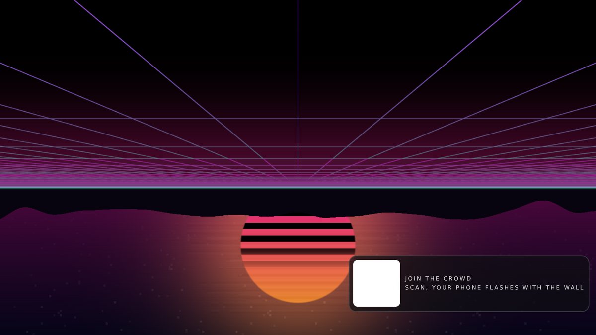 A projector screen showing the OUTRUN look: a neon grid running towards a sunset, with the crowd-sync invitation in the corner
